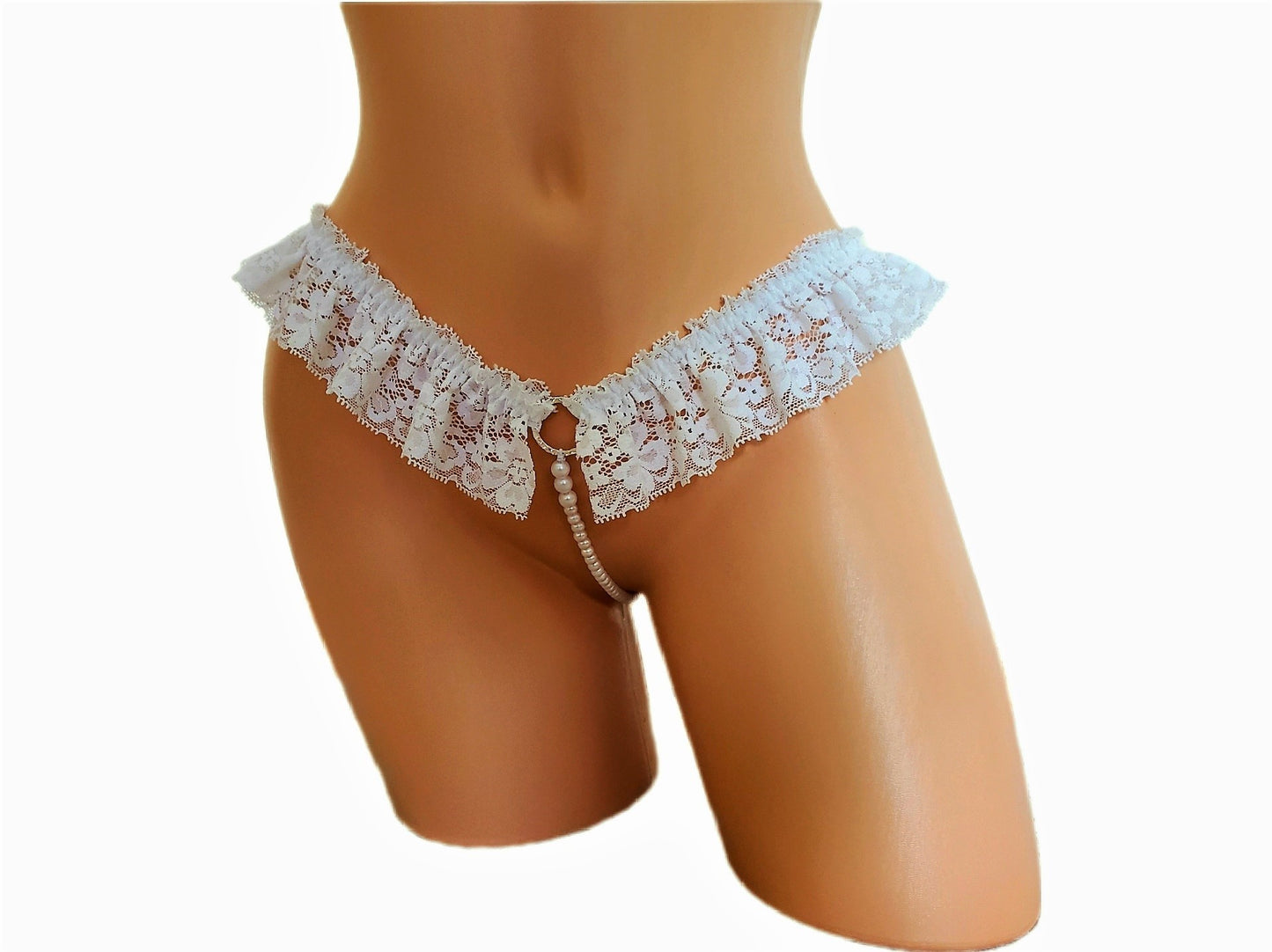 Ruffle Crotchless Pearl Thong Panty, White Lace Bridal Lingerie for Women