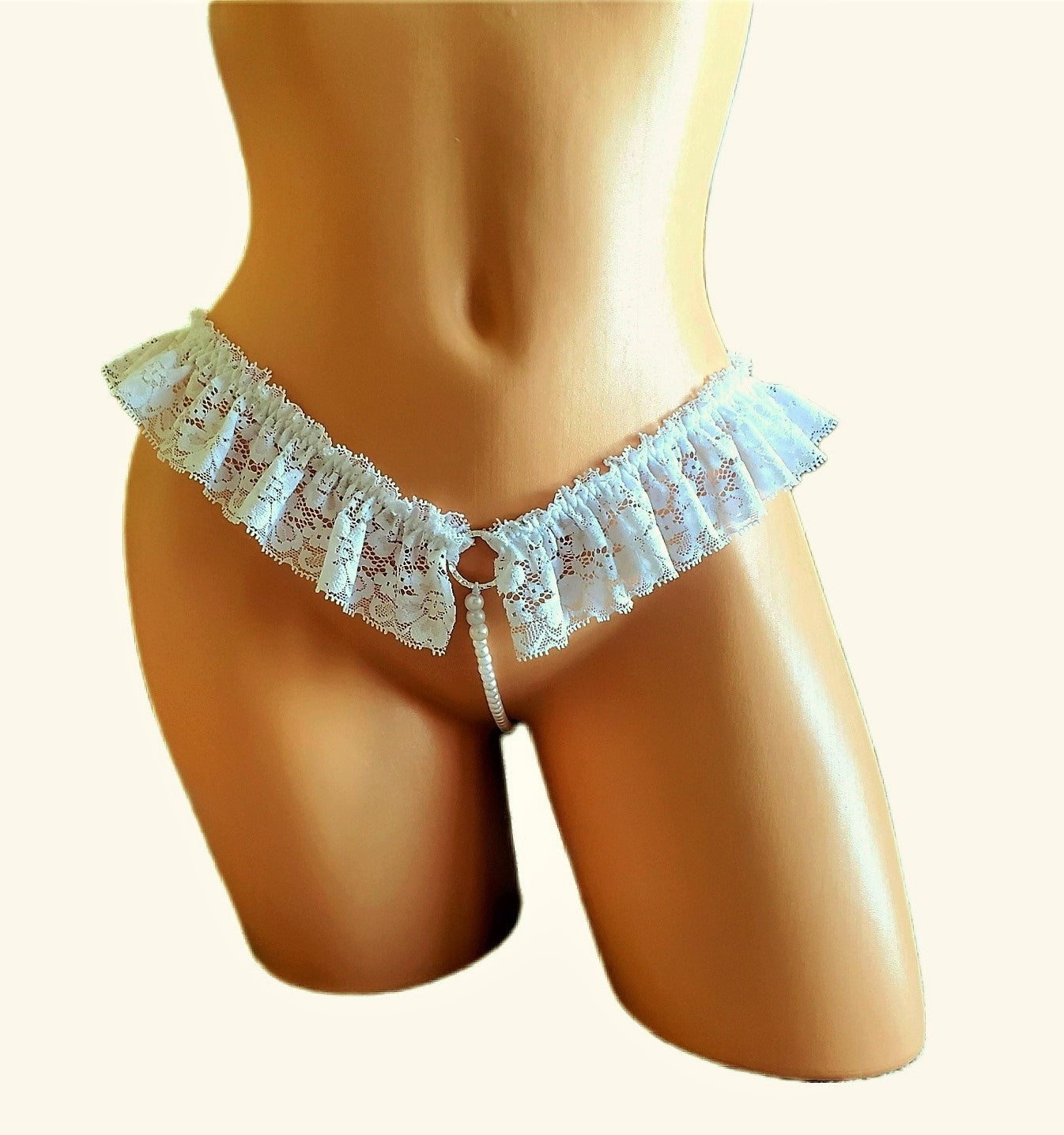 Ruffle Crotchless Pearl Thong Panty, White Lace Bridal Lingerie for Women