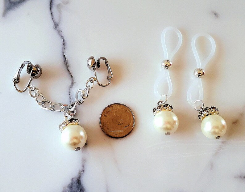 Deluxe Clip On Pearl Nipple and Labia Jewelry Set