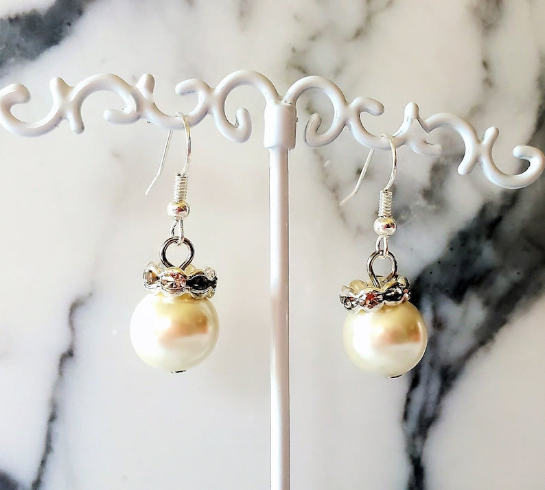 White Pearl Rhinestone Dangle Earrings