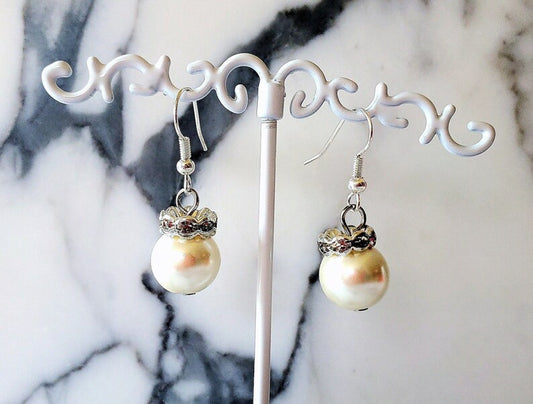 White Pearl Rhinestone Dangle Earrings