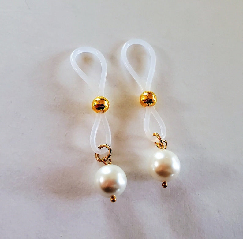 Gold Pearl Lingerie Non-Pierced Nipple Bridal Jewelry, Fake Nipple Rings