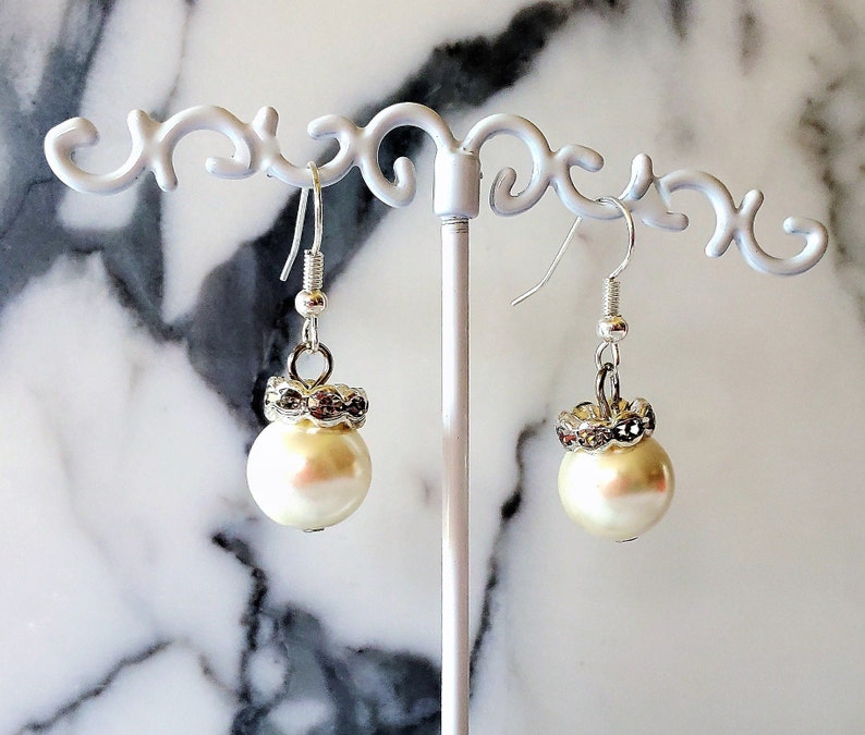 White Pearl Rhinestone Dangle Earrings