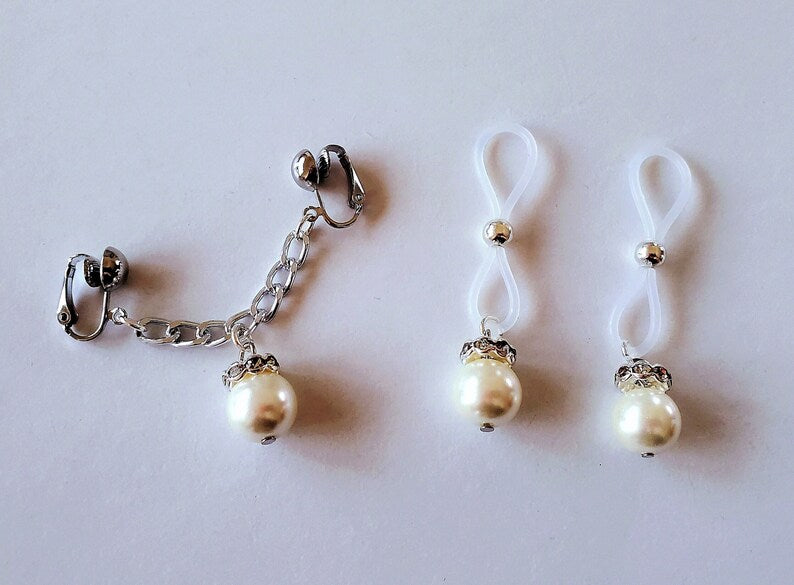 Deluxe Clip On Pearl Nipple and Labia Jewelry Set