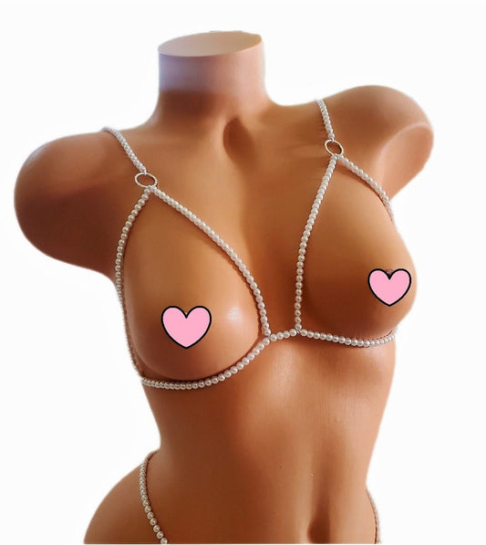 Pearl Lingerie Bra, Beaded Wedding/Bridal Cutout Chest Harness