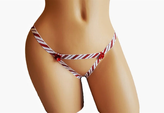 Christmas Lingerie Panties, Holiday Candy Cane Sparkle Lingerie Thong