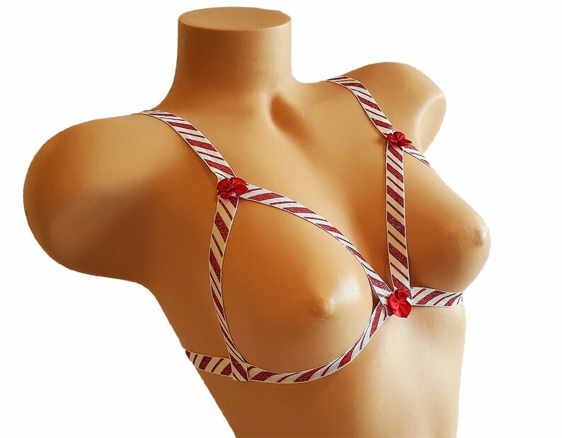 Christmas Lingerie Bra, Holiday Cupless Bra, Candy Cane Sparkle Lingerie