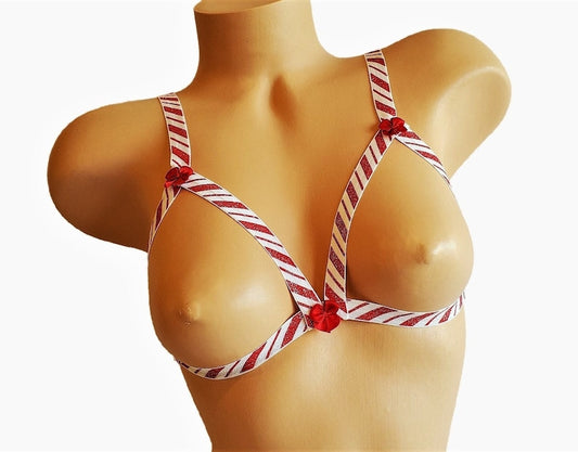 Christmas Lingerie Bra, Holiday Cupless Bra, Candy Cane Sparkle Lingerie