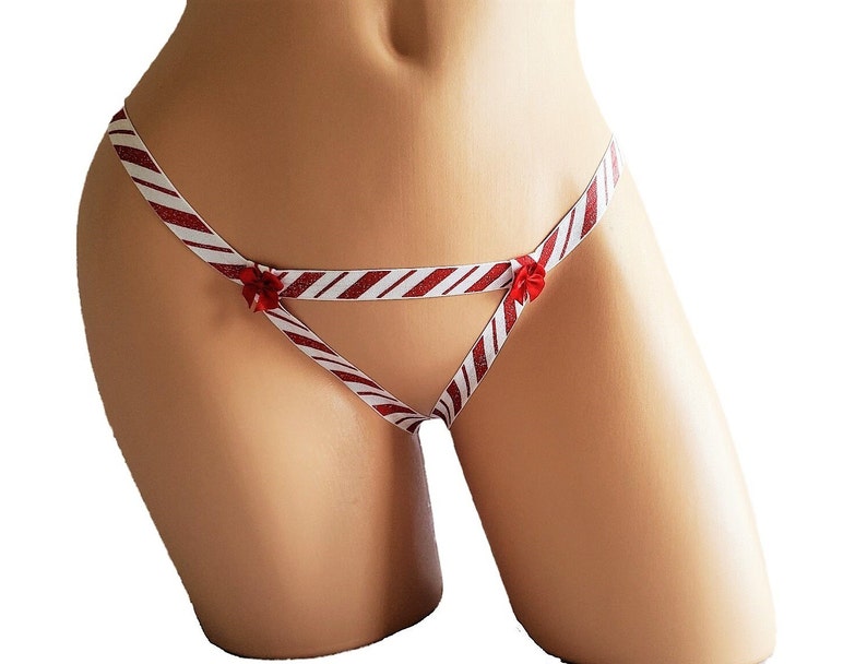 Christmas Lingerie Panties, Holiday Candy Cane Sparkle Lingerie Thong