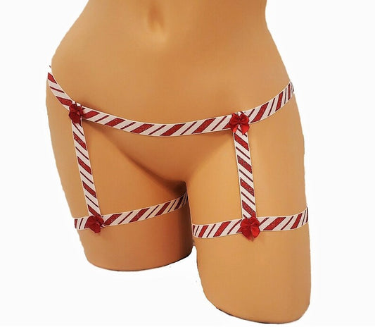 Candy Cane Christmas Cage Leg Garter Belt Holiday Lingerie